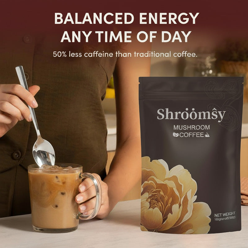 Shroomsy Mushroom Coffee pouch next to an iced coffee being stirred